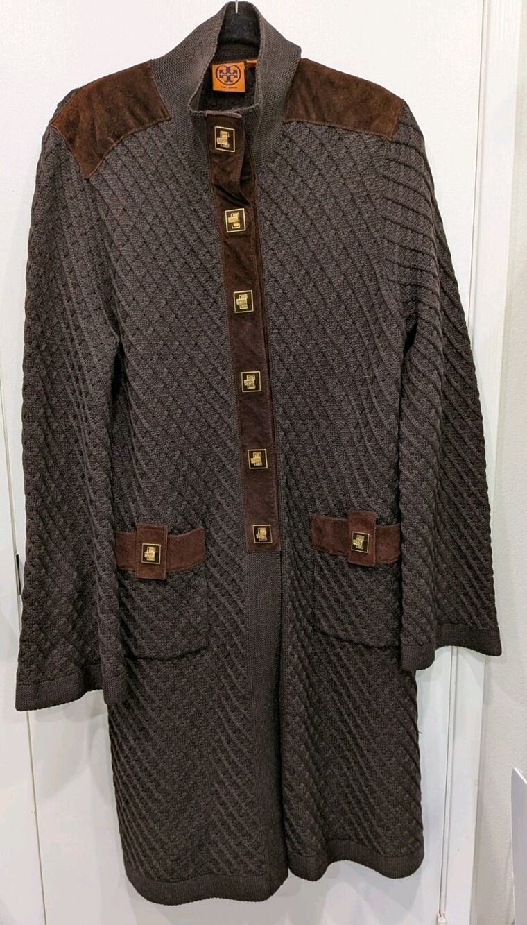 $600 TORY BURCH Tweed Wool Knit Suede Trim Gold Turn Lock Buttons Sweater Coat L